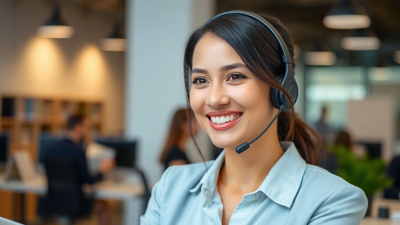 Virtual receptionist assisting business with headset