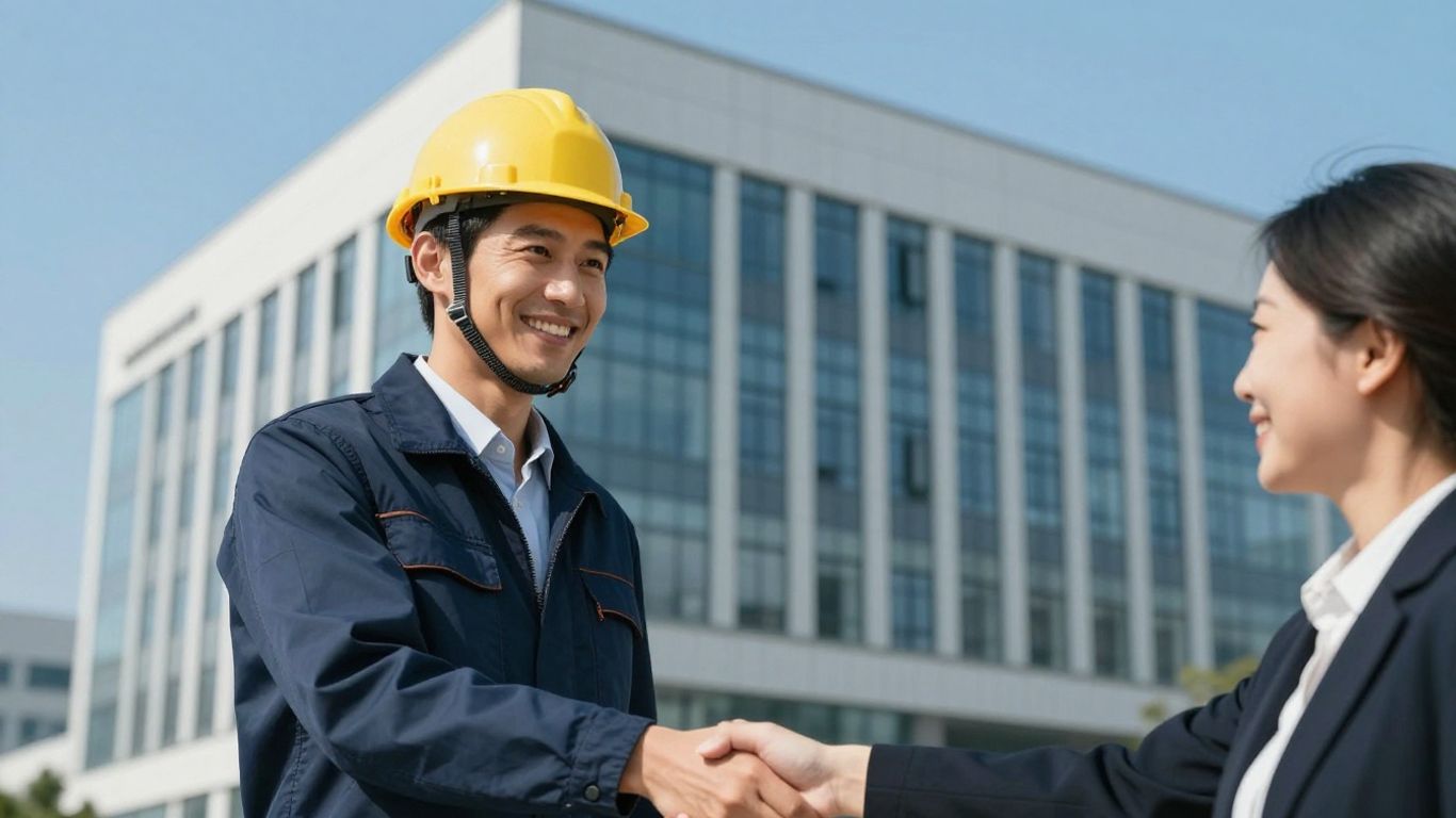 Contractor shaking hands with client, modern office building background.