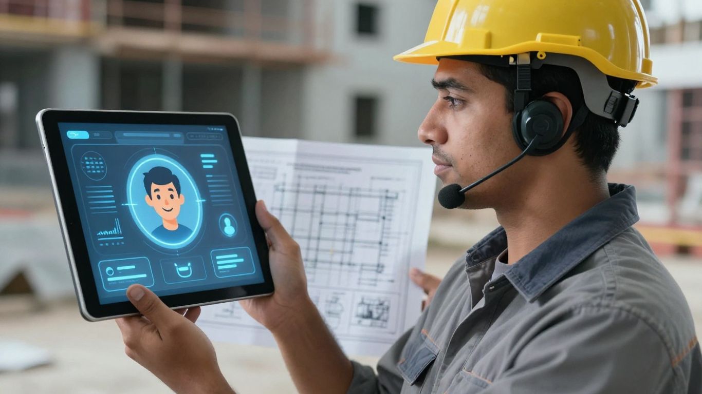 AI receptionist on tablet at construction site.