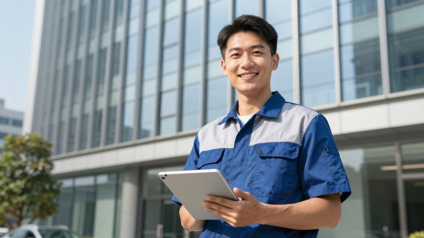 HVAC technician with tablet, modern building, business growth