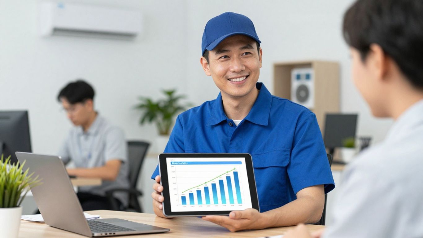 HVAC technician using tablet for business growth