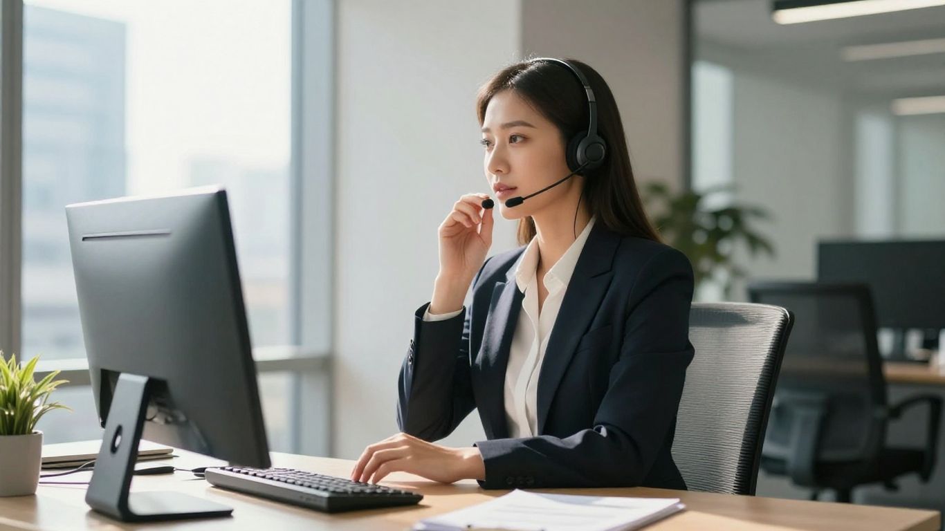 Real estate broker using an answering service on headset.