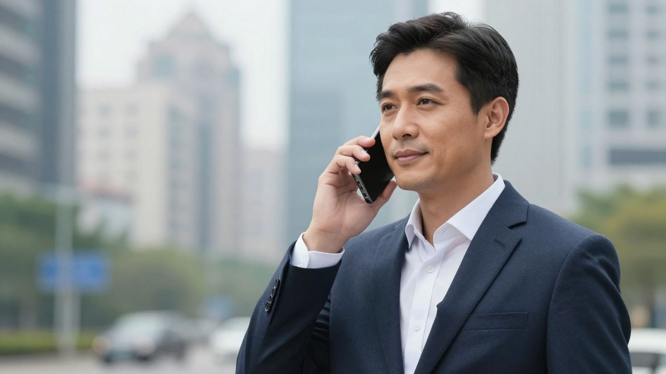 Real estate broker answering phone professionally.