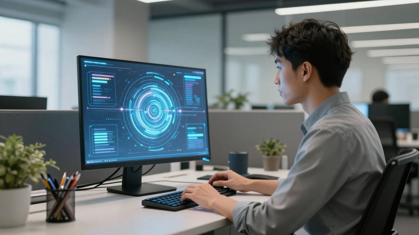 AI assistant helping small business owner in office.