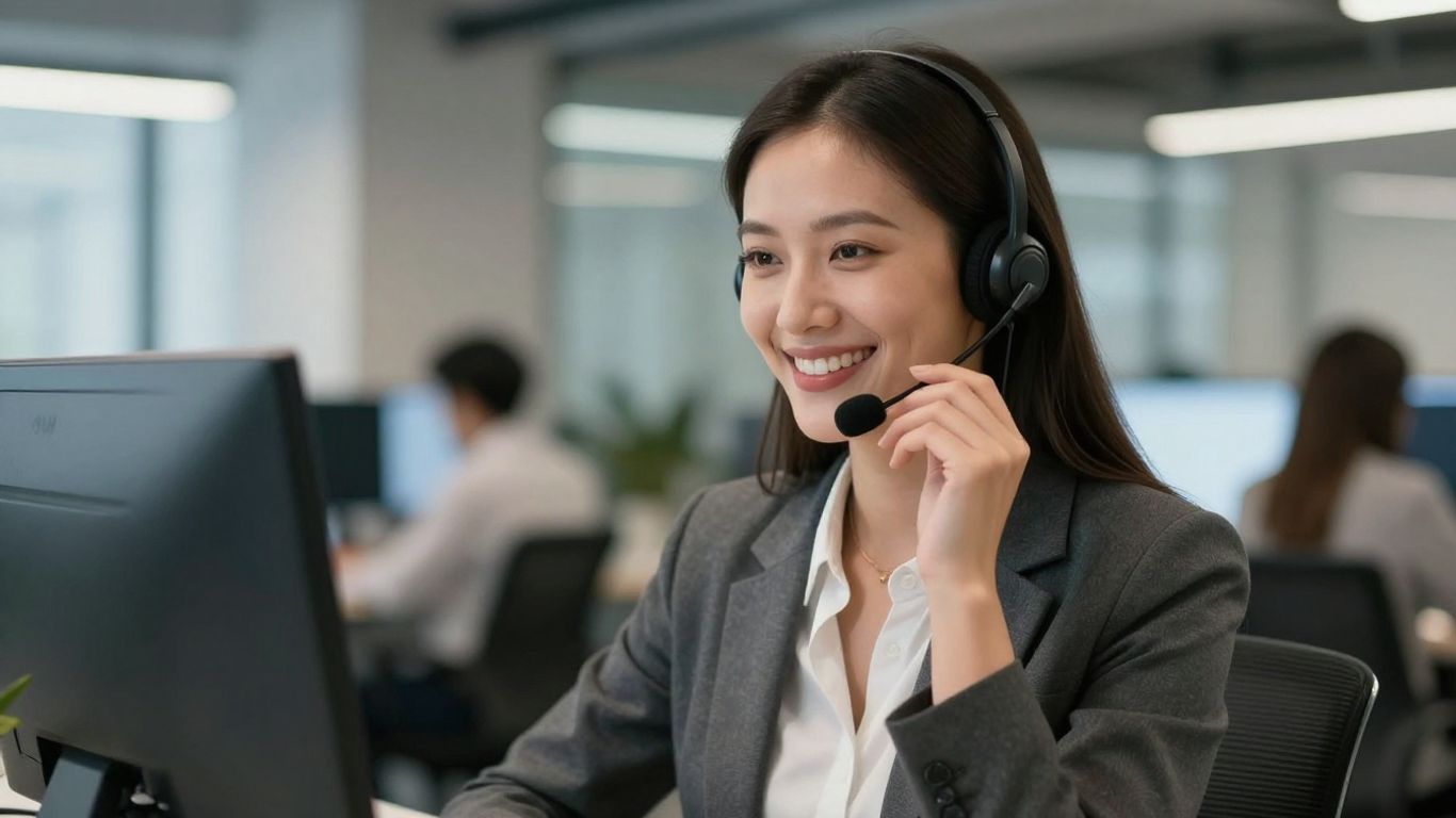 Professional woman with headset, virtual receptionist service