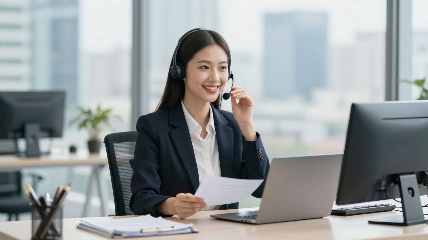 Professional woman with headset, business office, cityscape background.