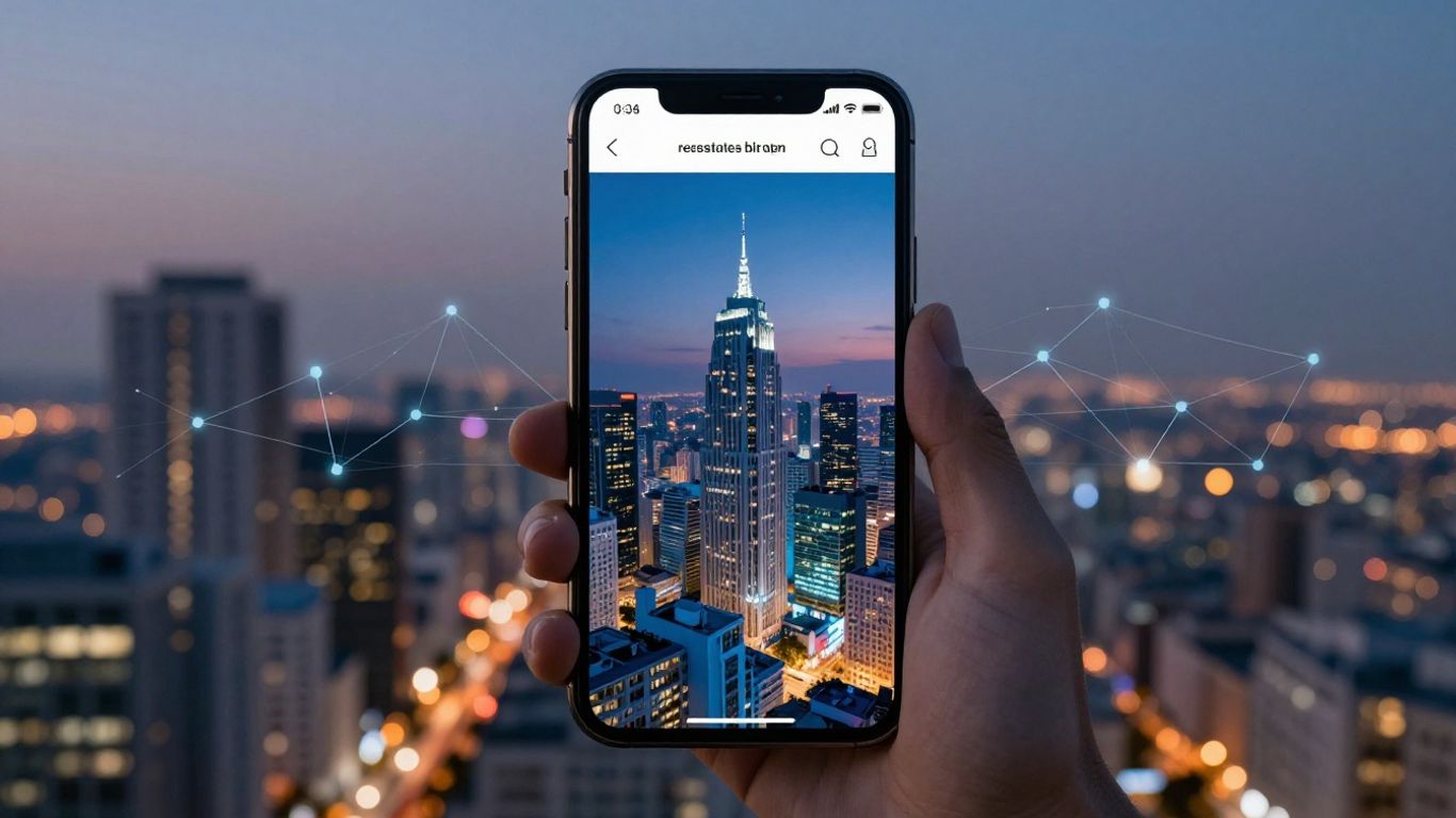 Rechat app on a smartphone with cityscape background.