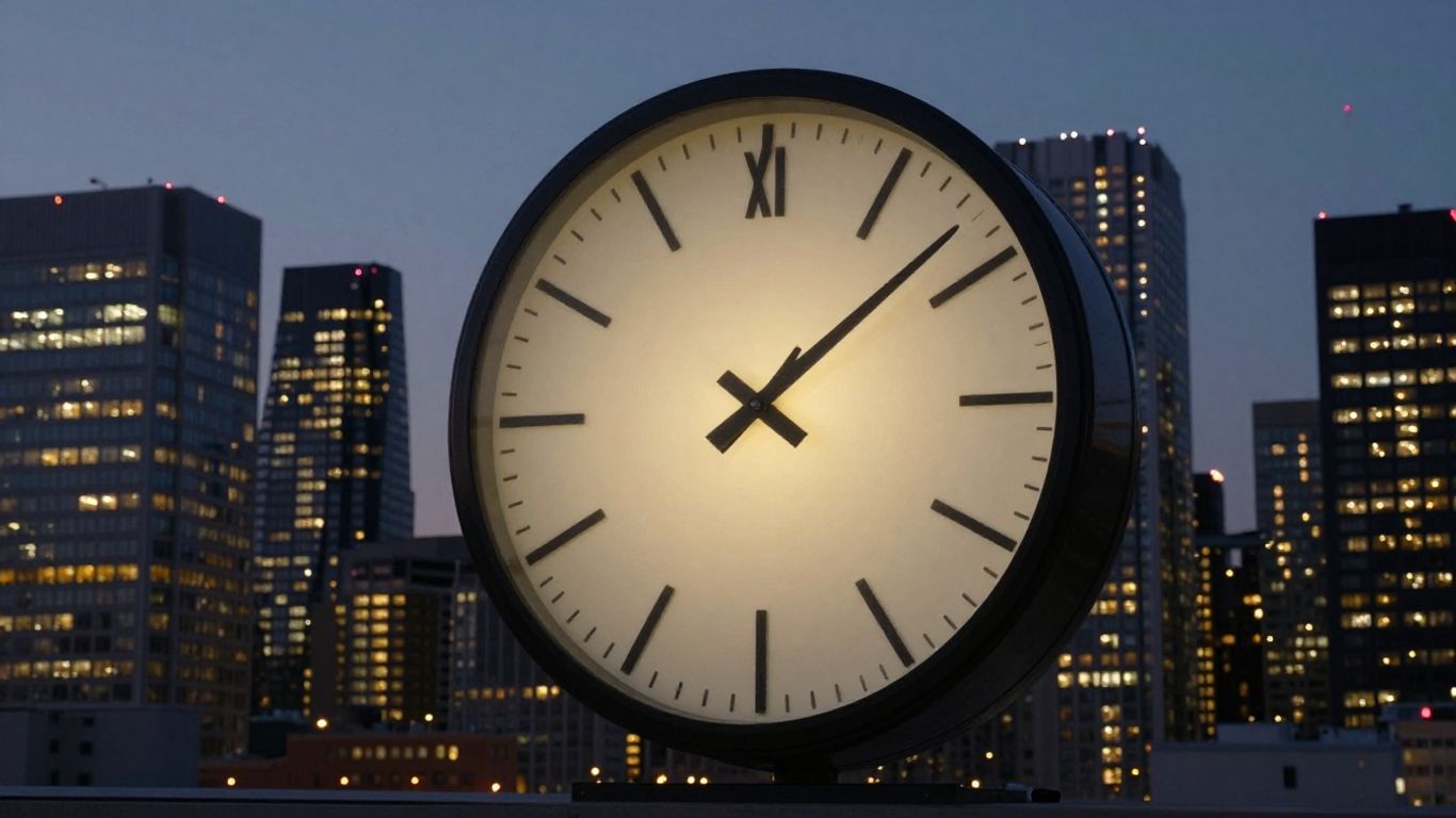Toronto skyline with a glowing clock indicating active business hours.