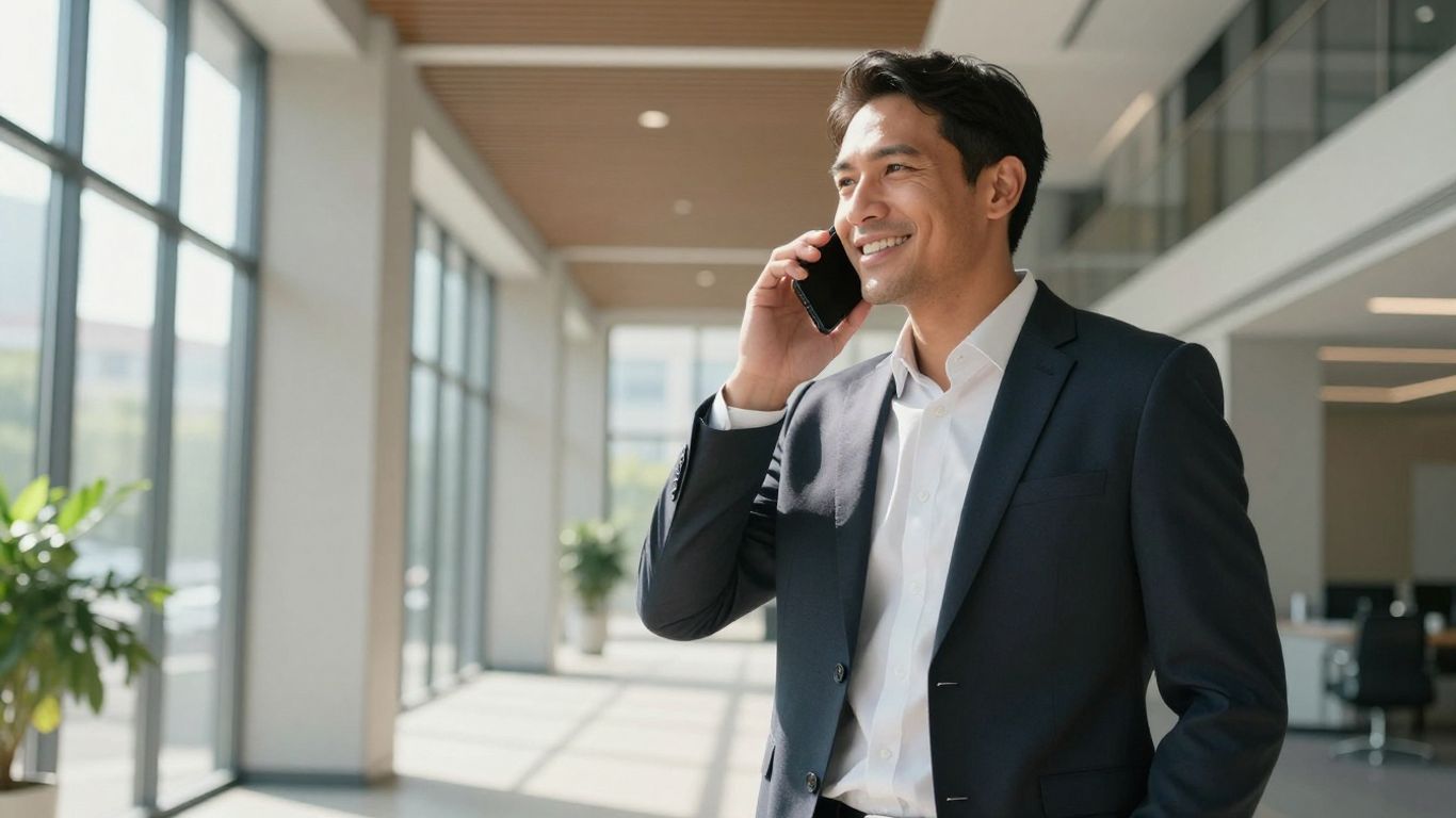 Real estate agent using phone in modern office building.