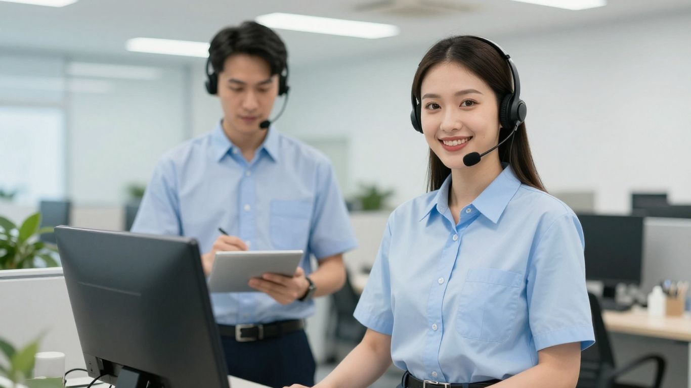 HVAC call center agent and technician smiling.