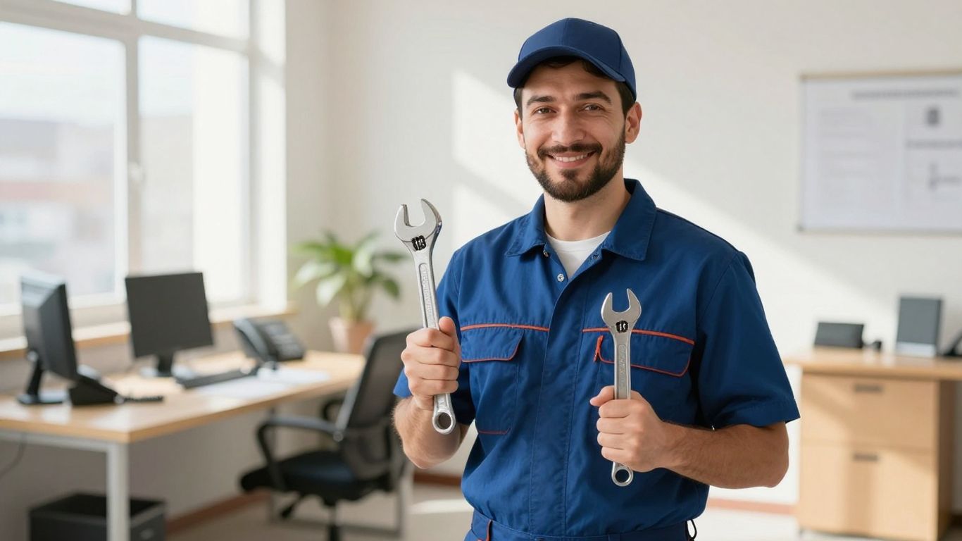 Plumber with wrench in office, ready to answer calls.