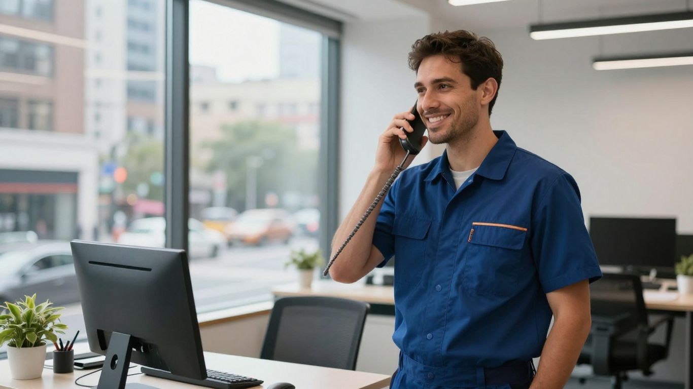 Plumber answering phone, business growth concept.