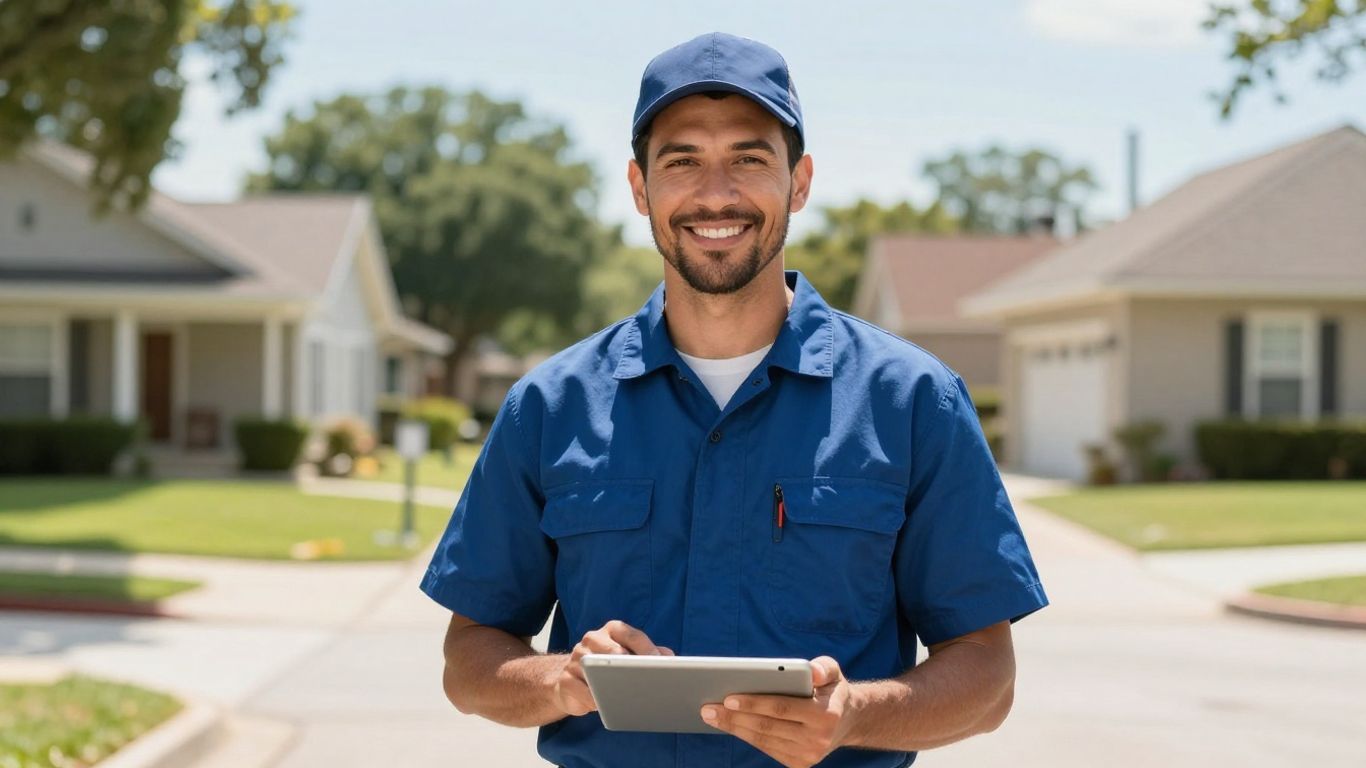 HVAC technician smiling with tablet in Dallas