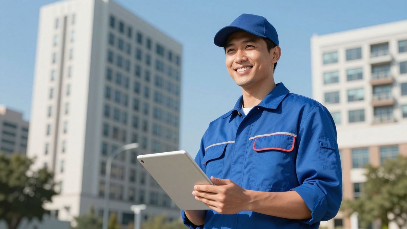 Dallas HVAC technician with tablet, modern office building.