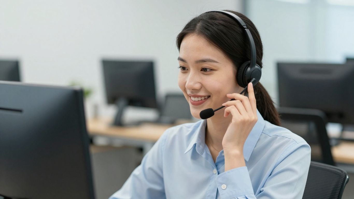 HVAC service representative answering phone with headset