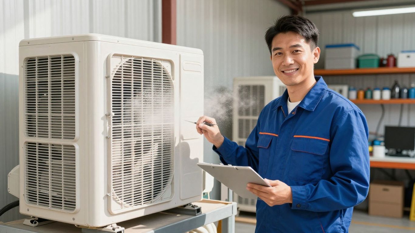 HVAC technician with air conditioning unit.