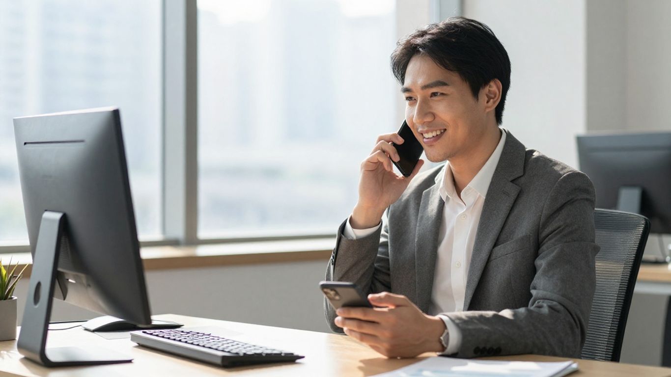 Business professional answering a phone in a modern office.