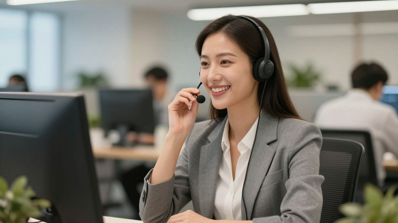 Professional woman with headset in modern office.