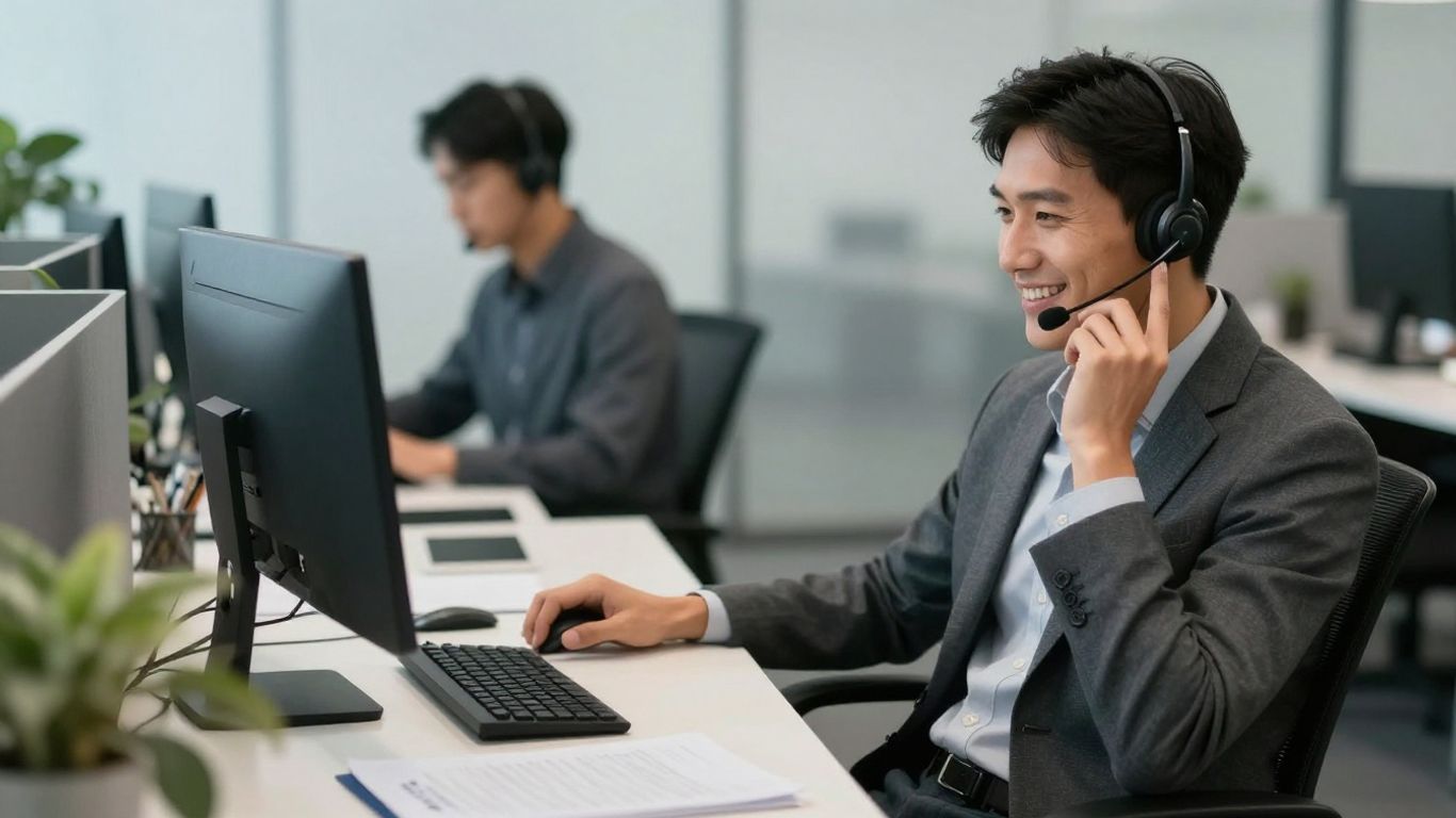 Professional answering calls with headset in modern office.