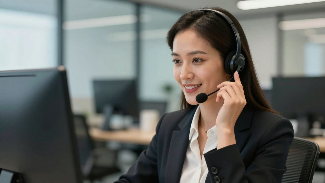 Businesswoman answering a phone call with a headset.