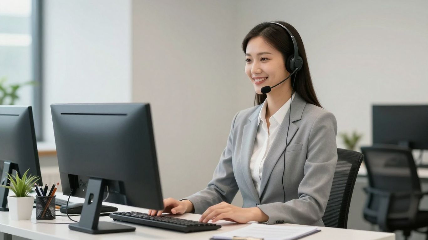 Professional answering service agent with headset