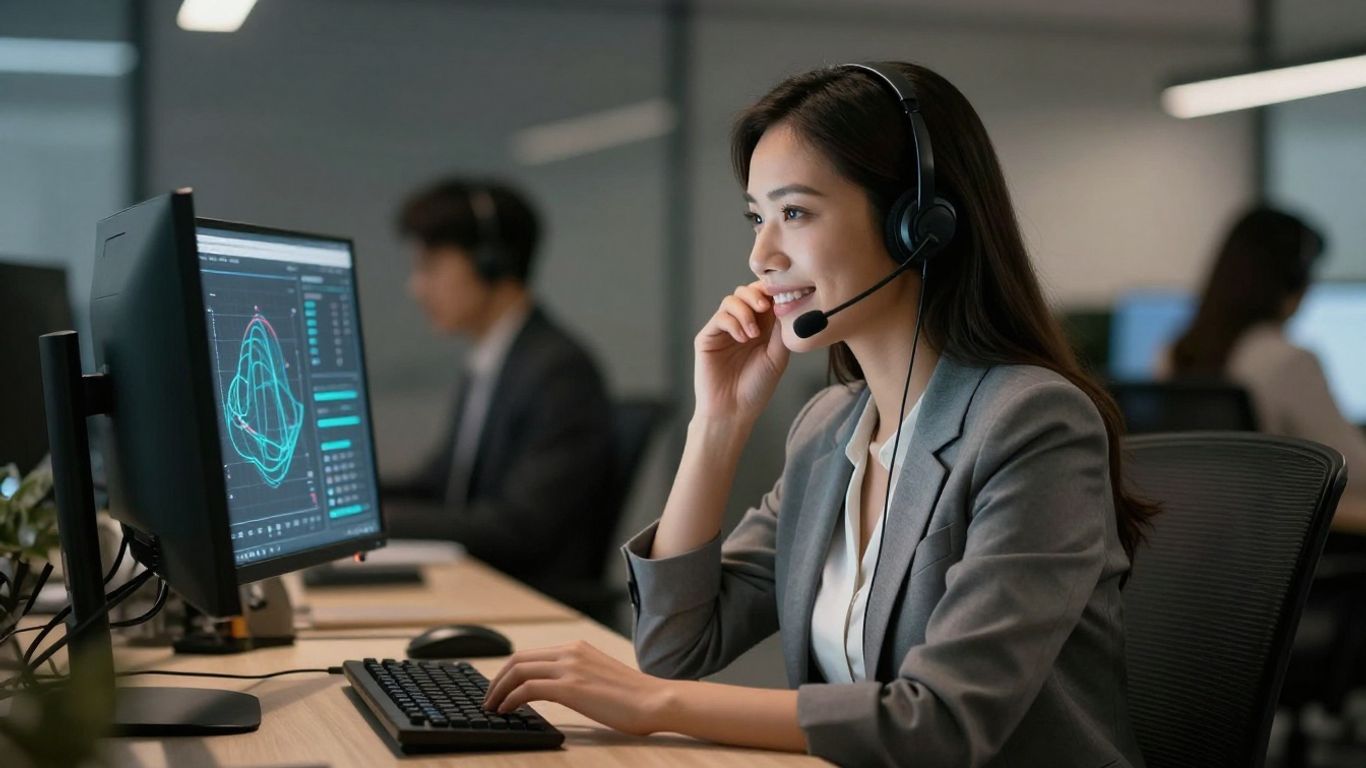 Professional woman using a headset in a modern office.