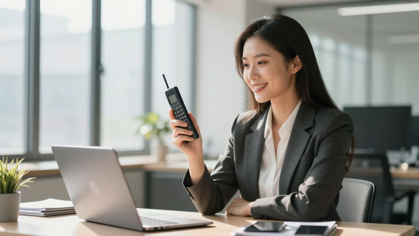 Businesswoman answering phone in modern office.