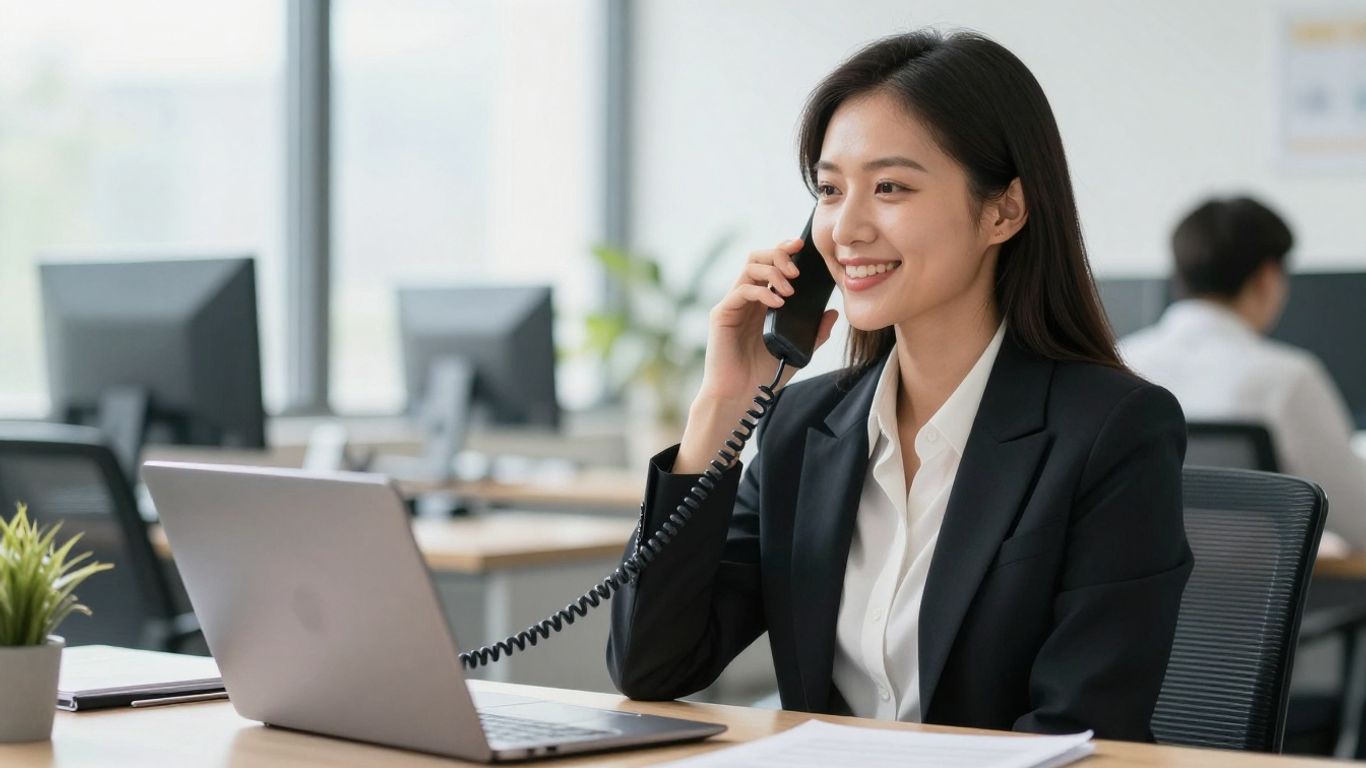 Businesswoman answering a phone call in a modern office.