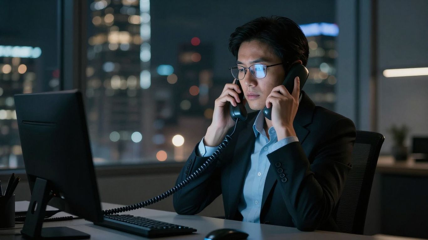 Business person answering phone after hours.
