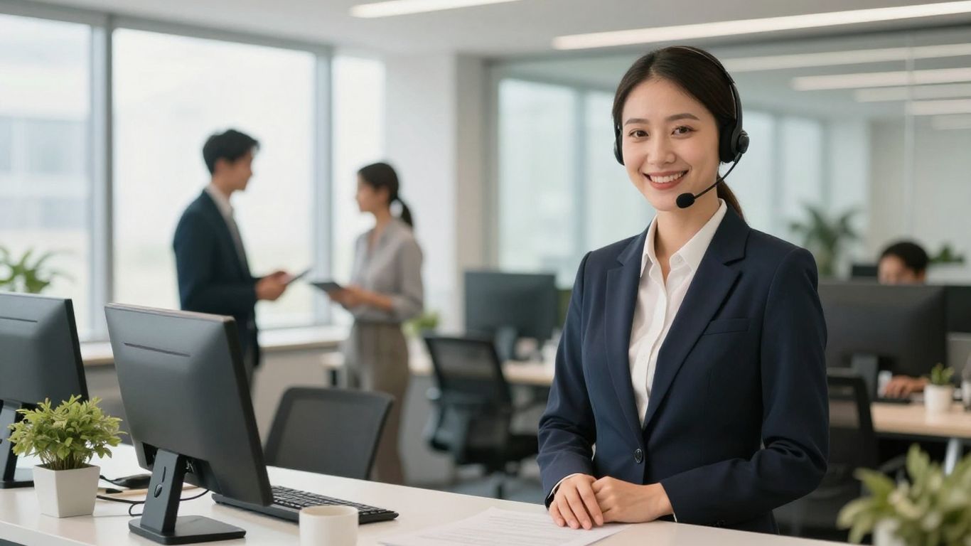 Business professional answering calls with a headset.