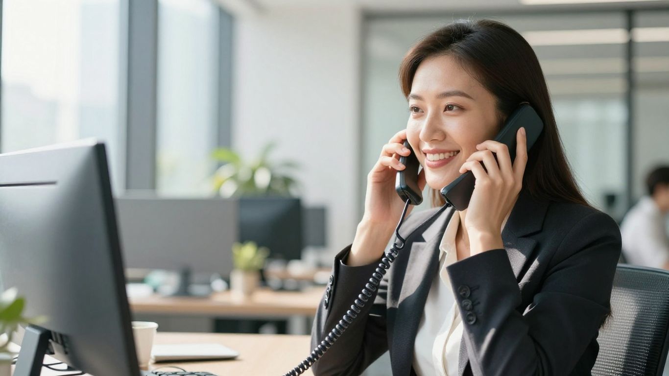 Businesswoman answering a phone in a bright office.