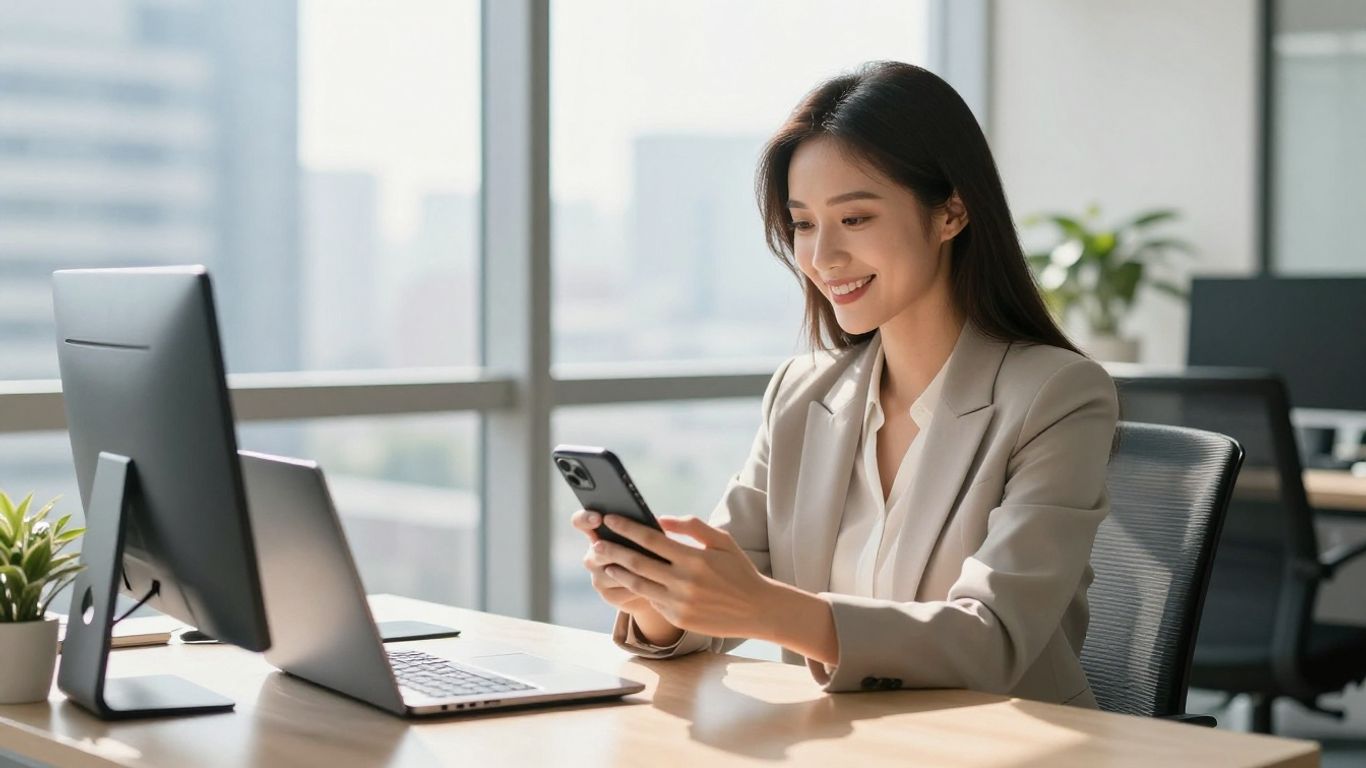 Businesswoman answering phone in modern office with city view.
