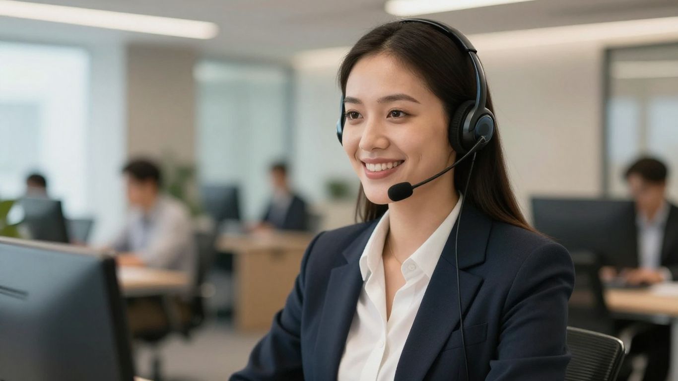 Businesswoman with headset, offering excellent customer service.