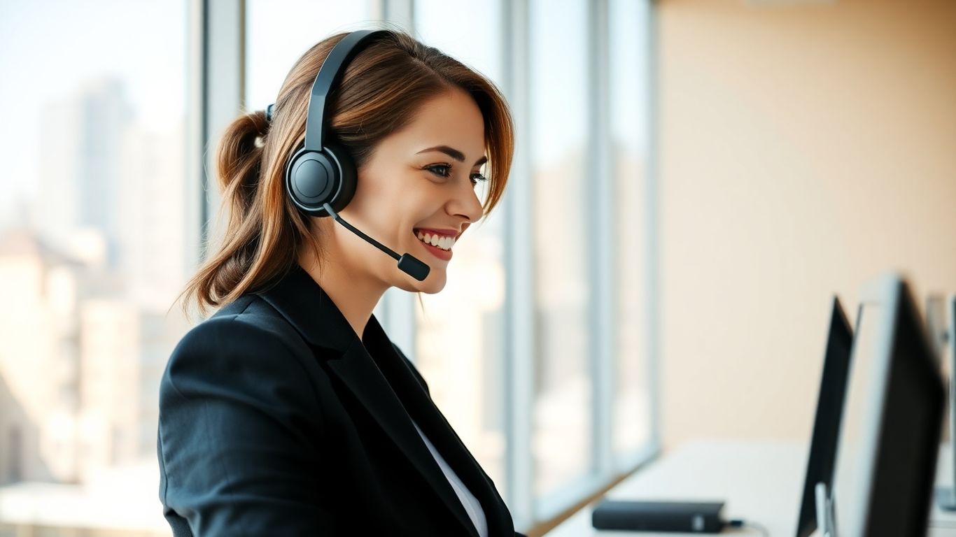 Roofer using headset, modern office, cityscape view.