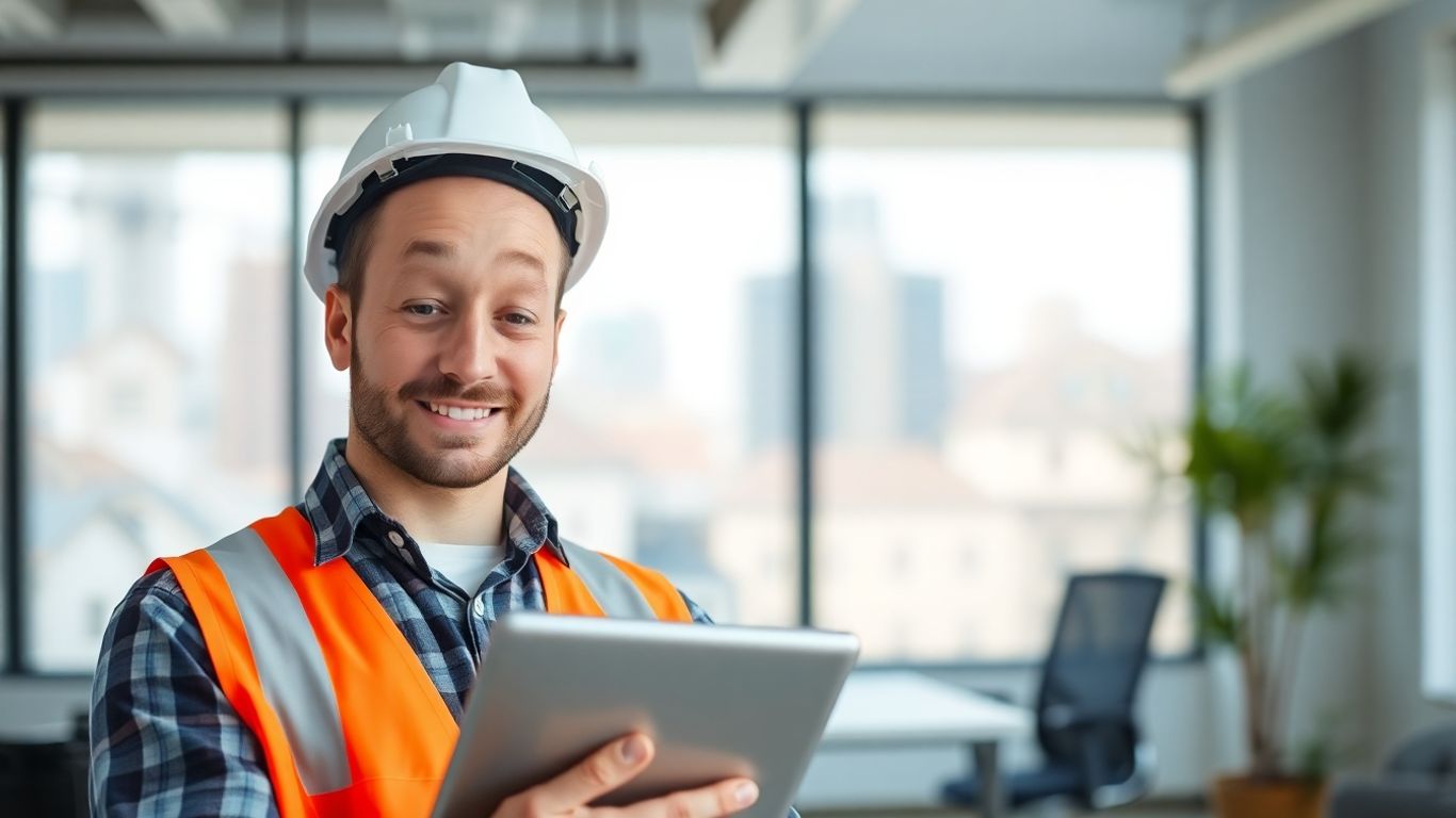 Roofer using tablet in modern office