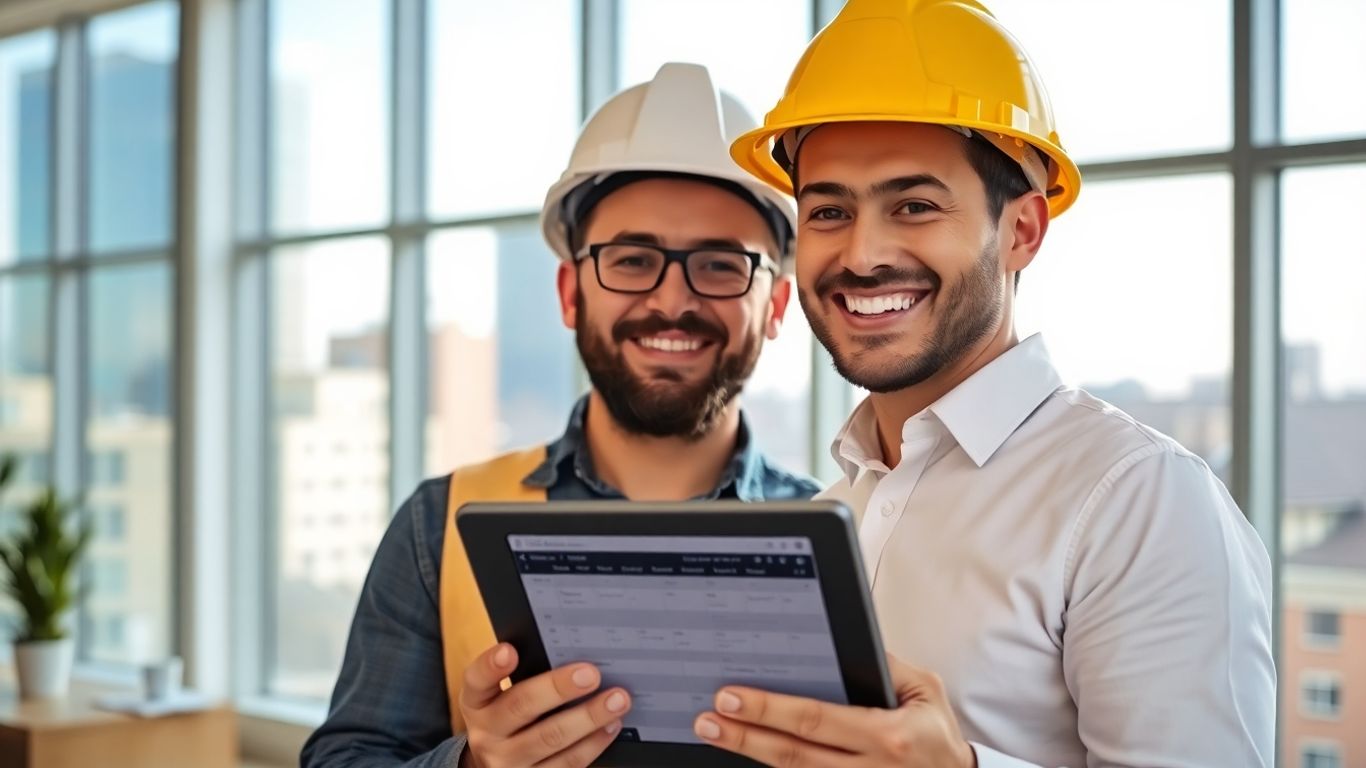 Roofer with tablet, successful business operations