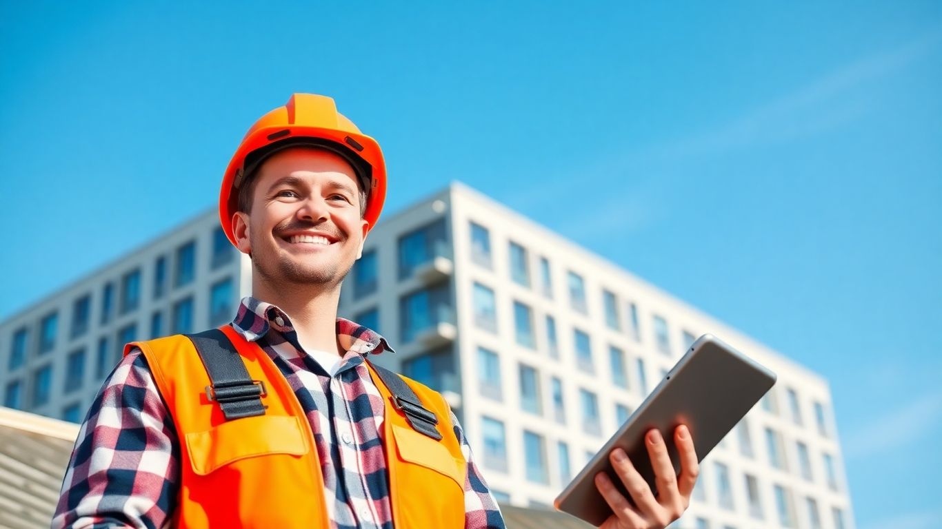 Roofer with tablet and office building