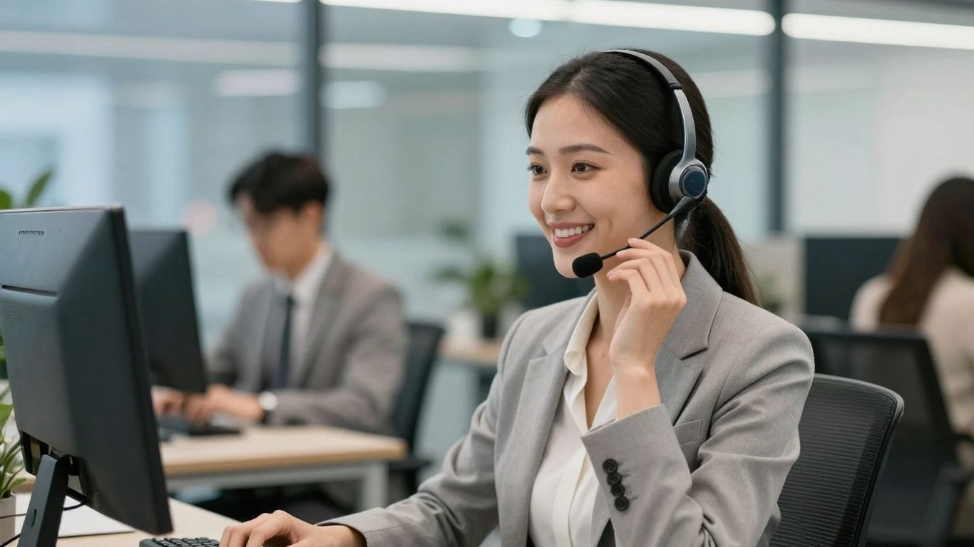 Businesswoman with headset, professional office, city background.