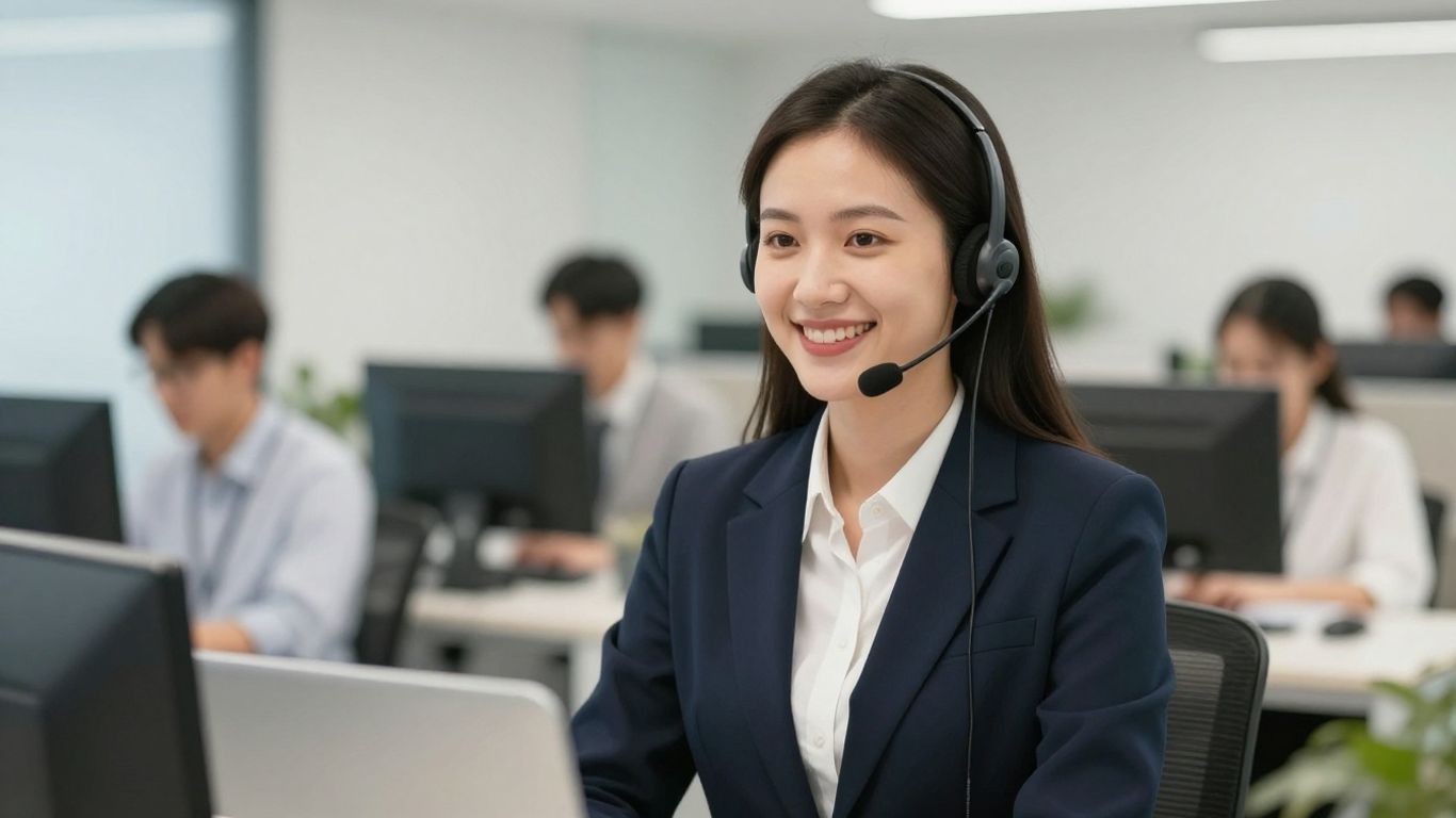 Professional receptionist answering a call with a headset.