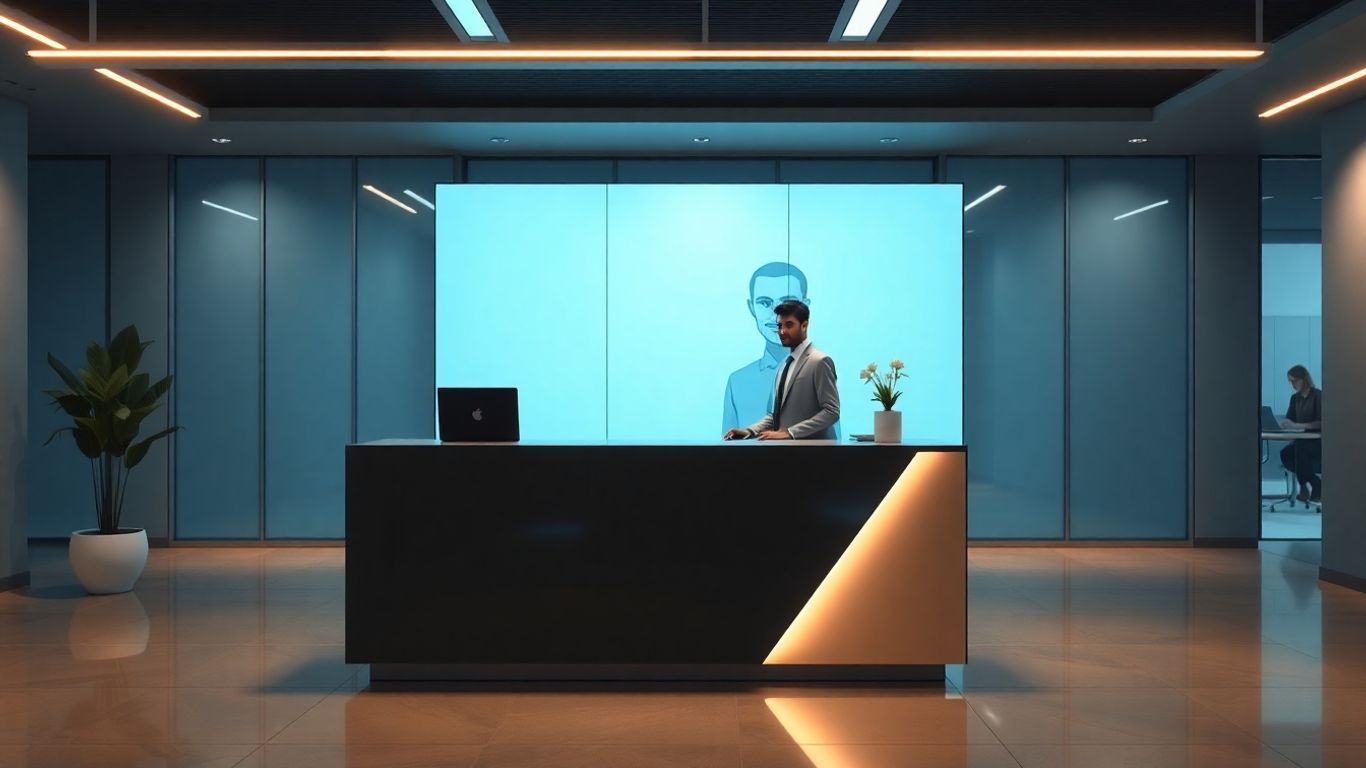 AI receptionist assisting a businessperson in a modern office.