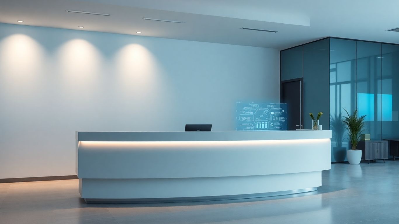 AI receptionist interface at a modern office desk.