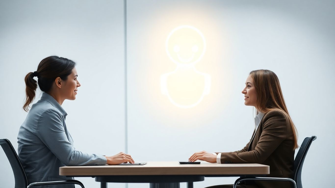 AI avatar assisting a client in a modern office.