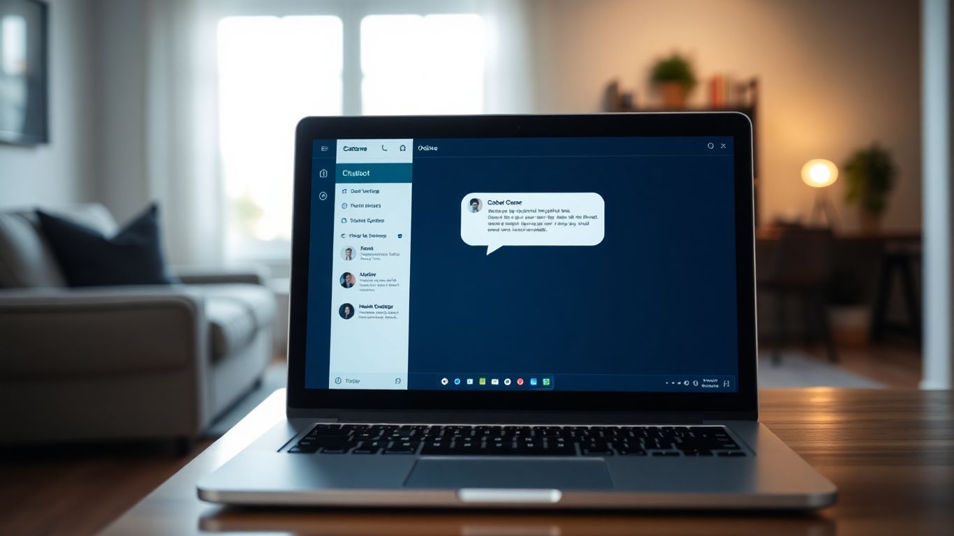 AI chatbot widget on a laptop screen in a home setting.