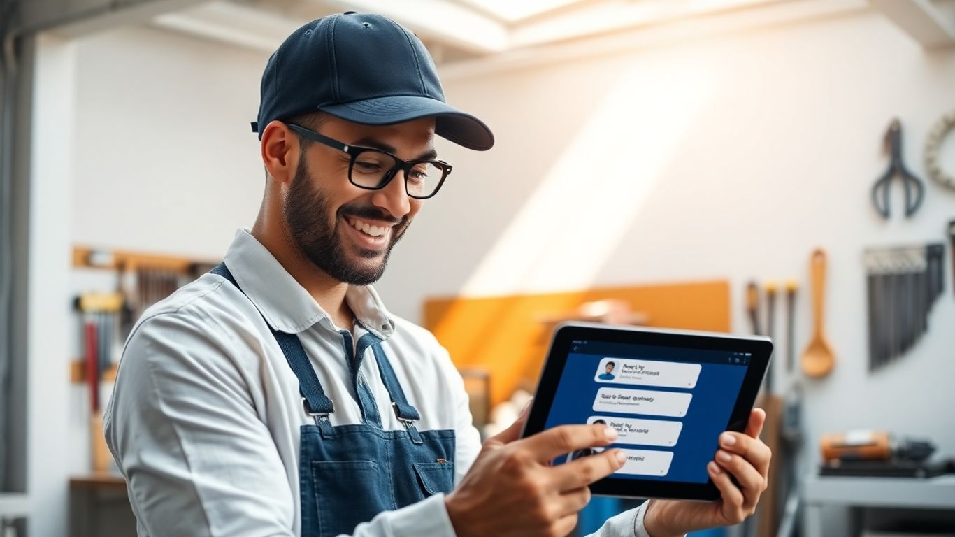 Home service business owner using AI chatbot widget on tablet.