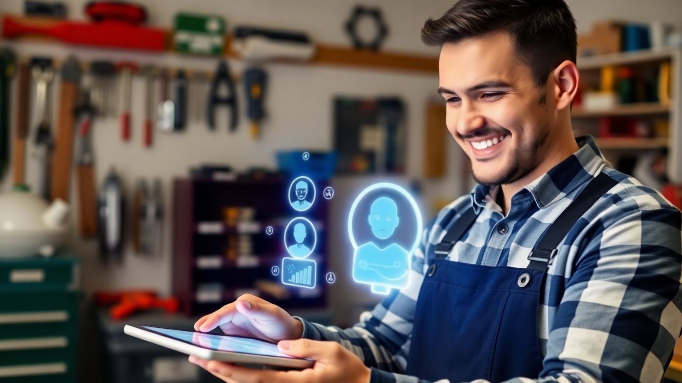 Business owner using AI chatbot widget on tablet.