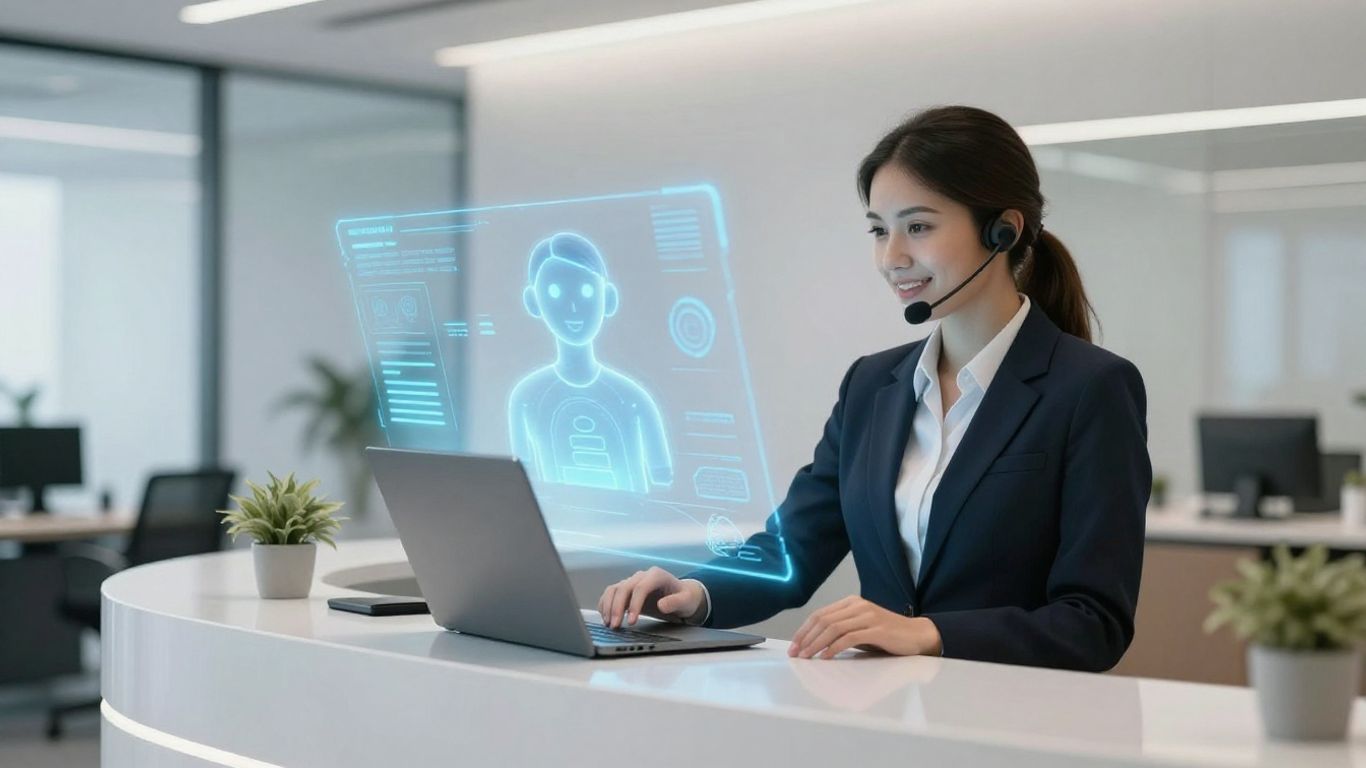 AI receptionist assisting a customer in a modern office.