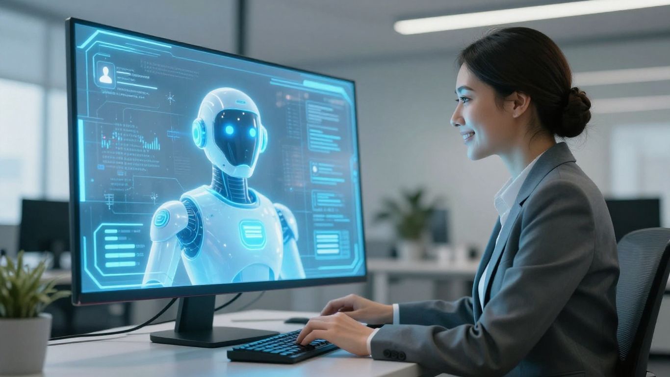 AI chatbot assisting a businesswoman in an office.