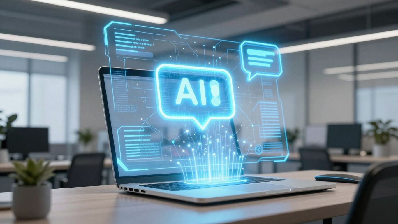 AI chatbot interface glowing above a laptop in an office.