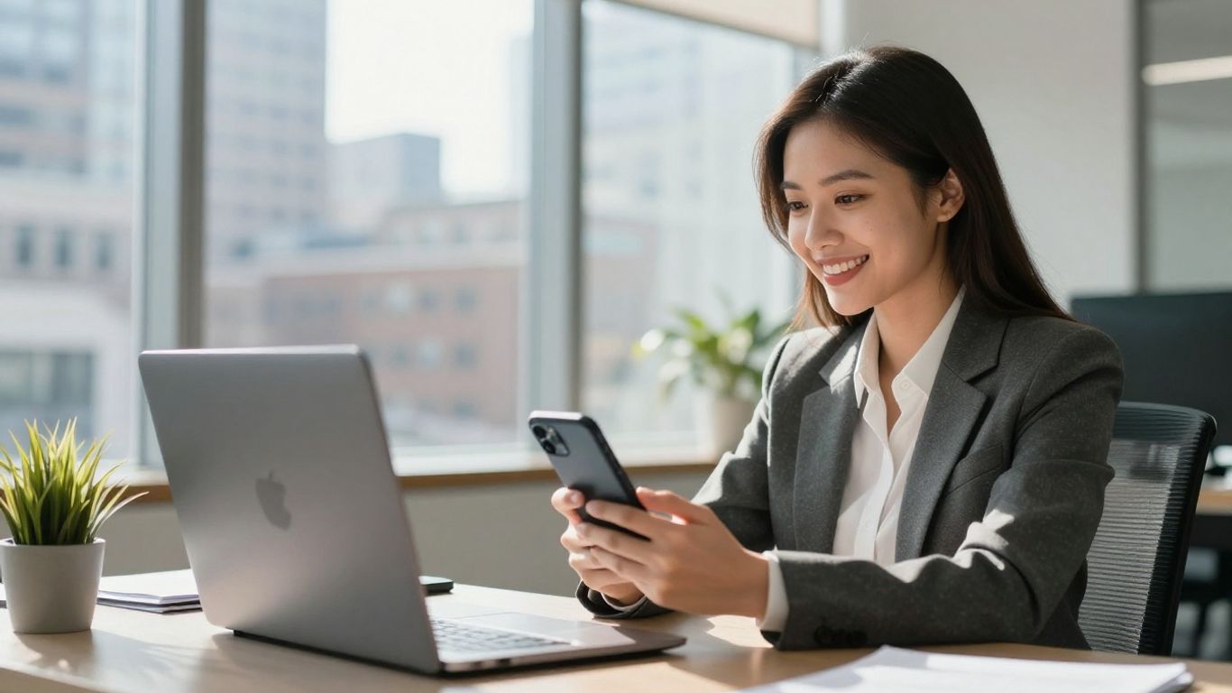 Real estate agent using a phone in a modern office.