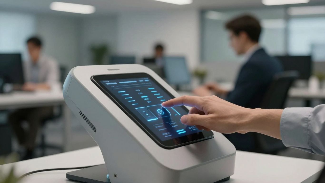 Automated phone receptionist interface with a hand interacting.